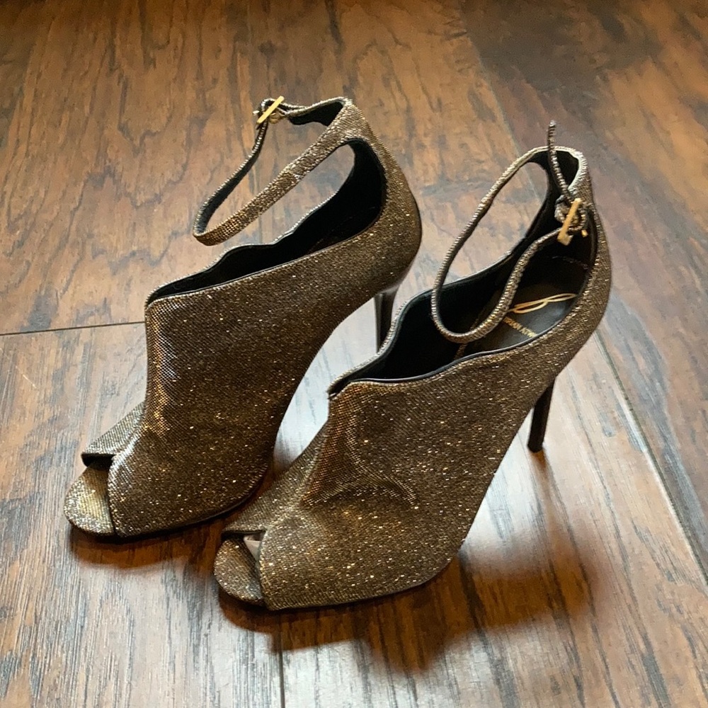 Brian Atwood Metallic Open Toe Heels